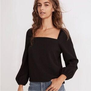 NWT Crepe Square-Neck Puff-Sleeve Top Black Small K15